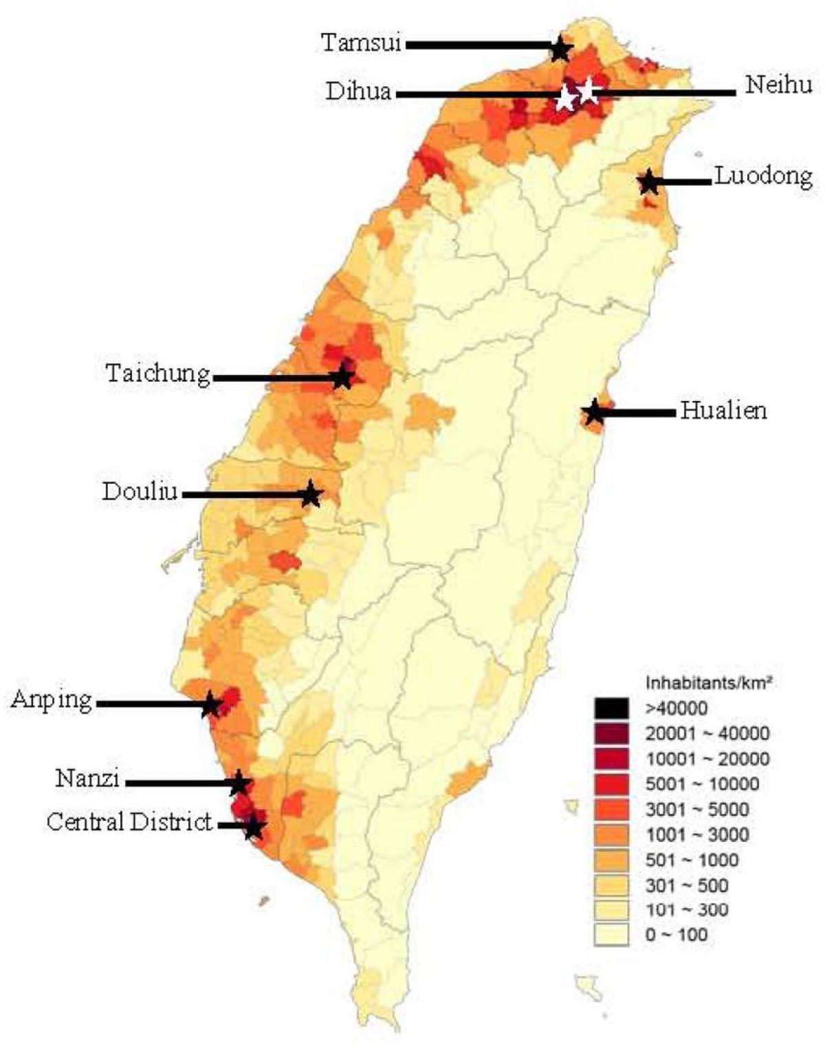 Taiwan befolkningstæthed kort